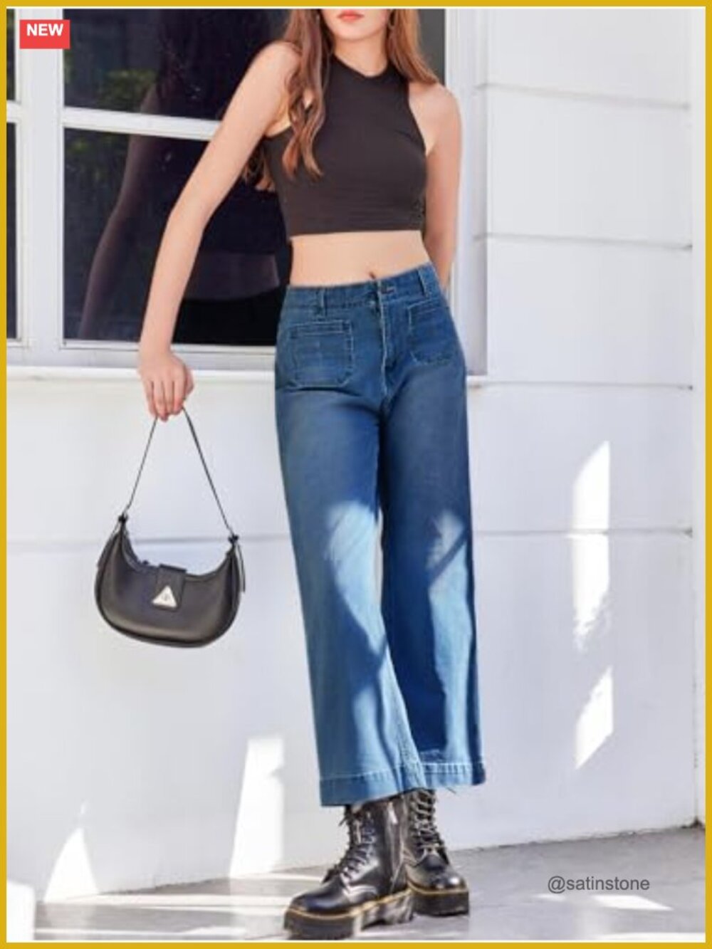 Women Wide Leg Jeans High Waisted Flare Stretchy Cropped Denim Pants with - Picture 5 of 6